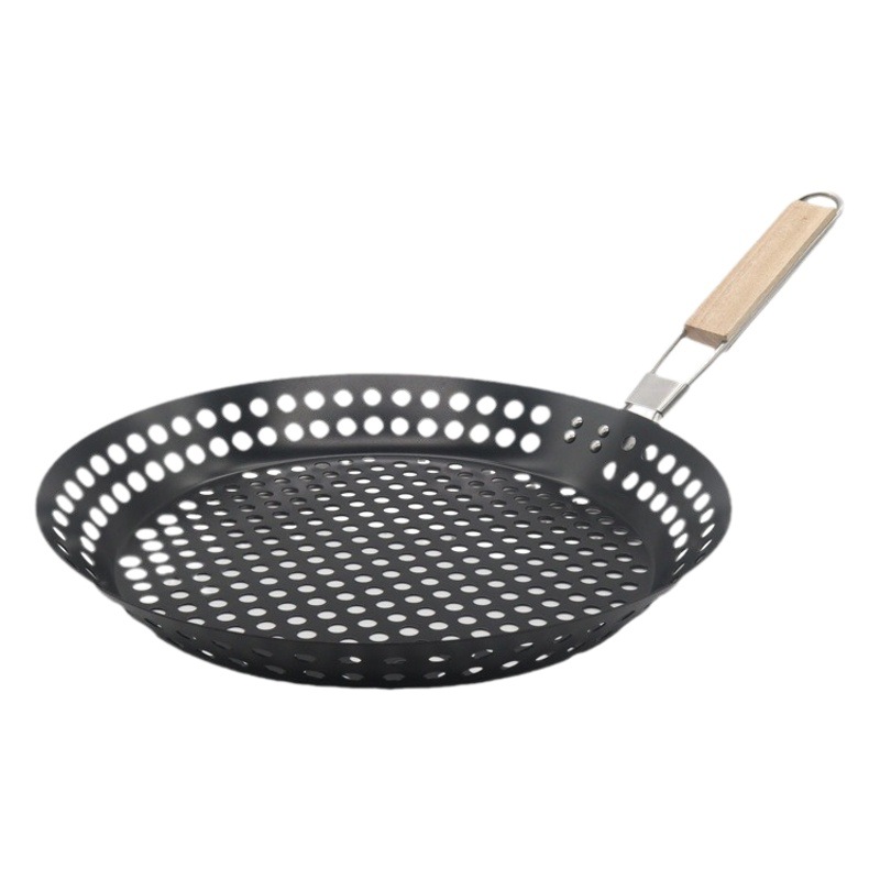 Ready Stock Foldable Round Hollow Wooden Handle Barbecue Plate Outdoor Vegetable Plate Grilling Plate Outdoor Bbq Grill Portable