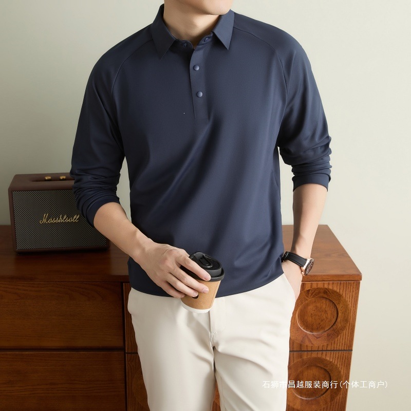 Men's new spring and autumn fleece-lined casual long-sleeve T-shirt, loose fit, oversized, with a turn-down collar, POLO style