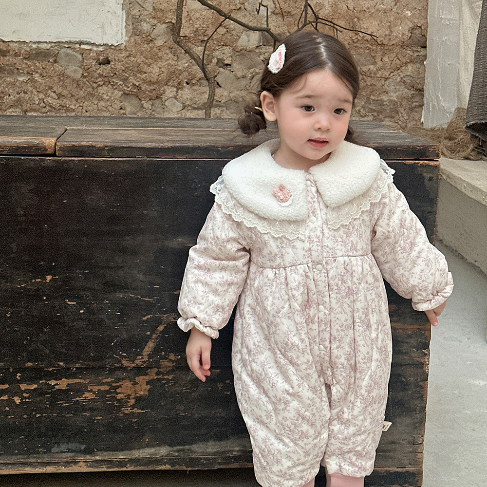 Otoño e invierno lindo y dulce bebé bebé bebé bebé cuello de bebé mamut chaqueta acolchada de algodón pequeña niña floral mono acolchado ropa exterior