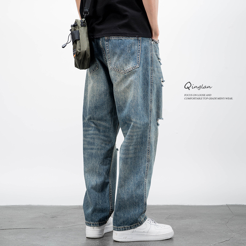 Knee Ripped High Street Jeans Men's Trendy Brand Loose Retro Nostalgic Old Dad Straight Leg Wide Leg Pants Beggar Men's Pants