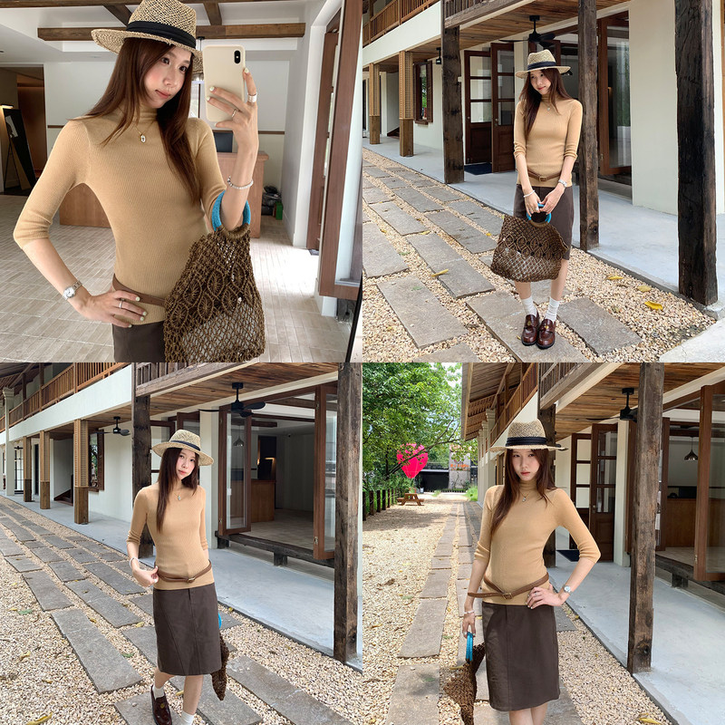 Super Stylish Khaki Slim-Fit Turtleneck Three-Quarter Sleeve Knit Top for Women, 2026 Summer New Old Money Style Blouse