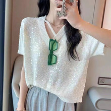 2024新款韩版气质V领斜带设计感夏季针织短袖女时尚亮片短袖薄T恤