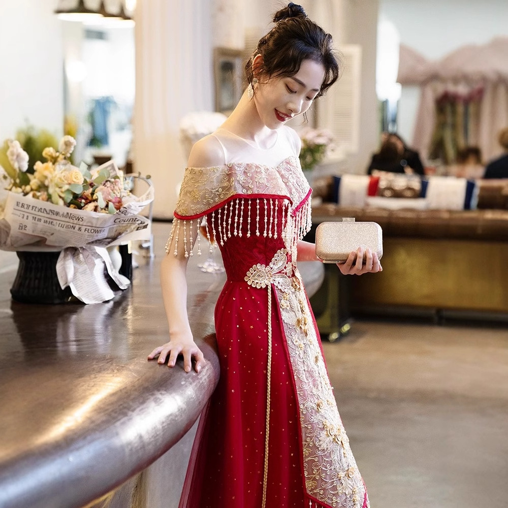 Chinese-Style Toast Dress for the Bride, High-End One-Shoulder Burgundy Wedding and Engagement Dress, Women's Xiuhe Dress, Wedding Dress