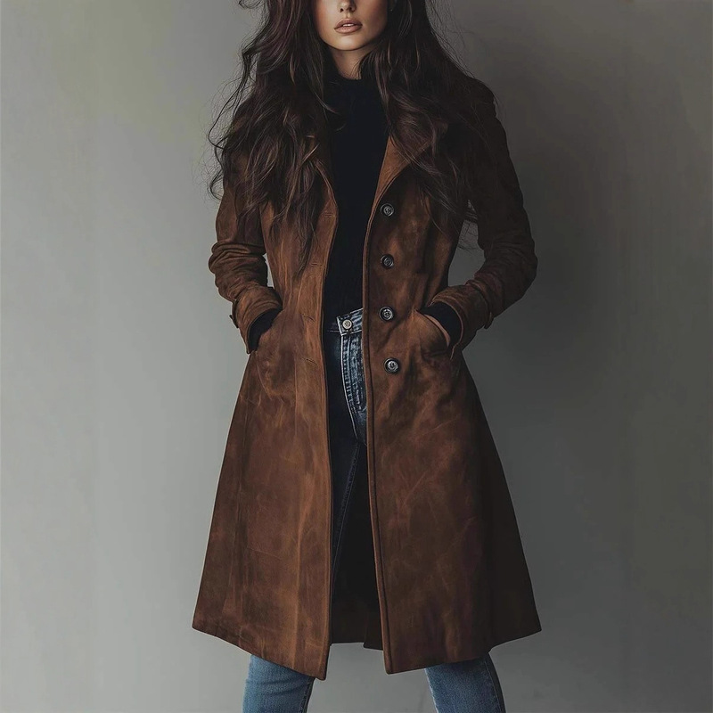 European and American Style Elegant Women's Clothing, Autumn and Winter Coat with Lapel, Western Style Suede Long Trench Coat
