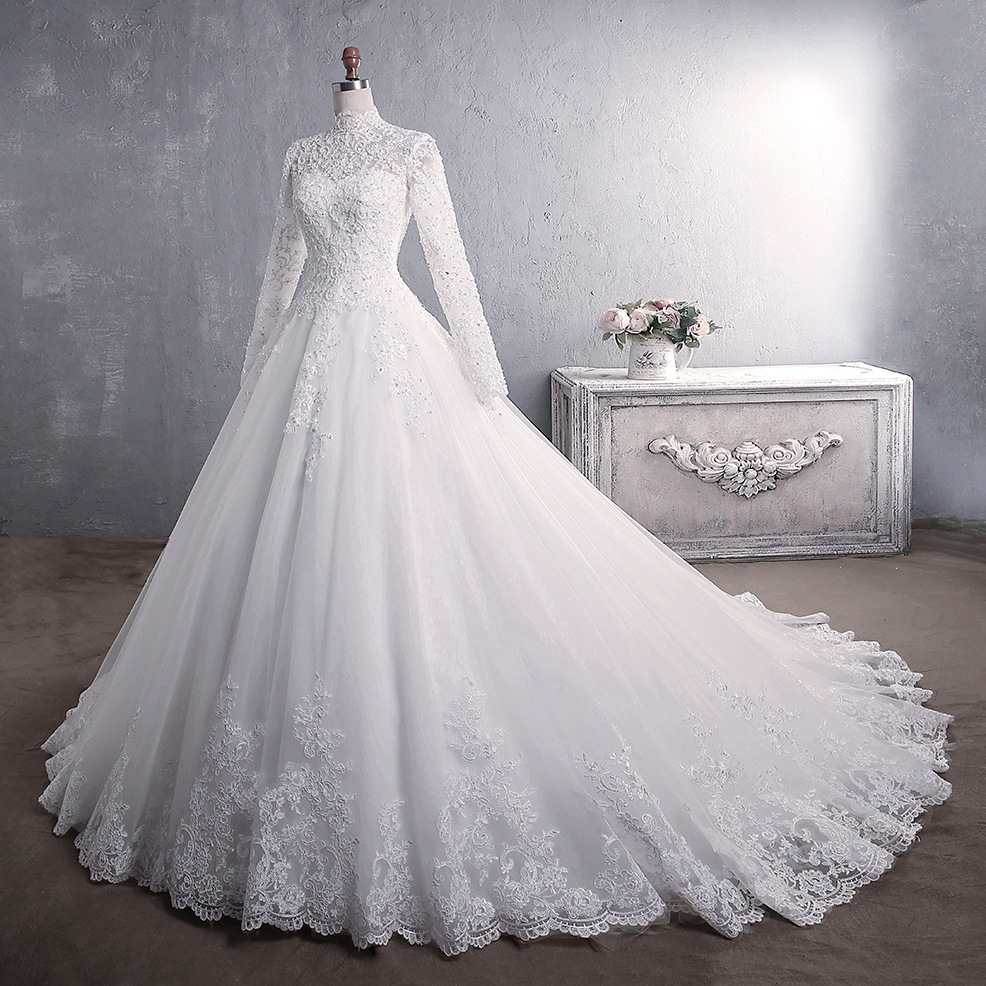 Customer Supplies European and American Wedding Dresses 2025 New Bridal Stand-Up Collar Wedding Dress Long Sleeves Slimming Look Fashion Large Tail Large Size Supply