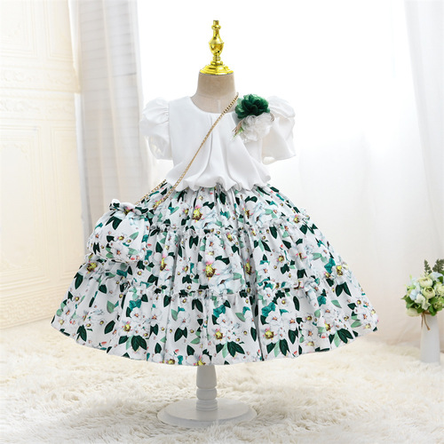 Summer Girls' Dress Children's Wholesale Korean Girls Fashion Show Performance Clothing Printed Short Sleeve Children's Princess Dress