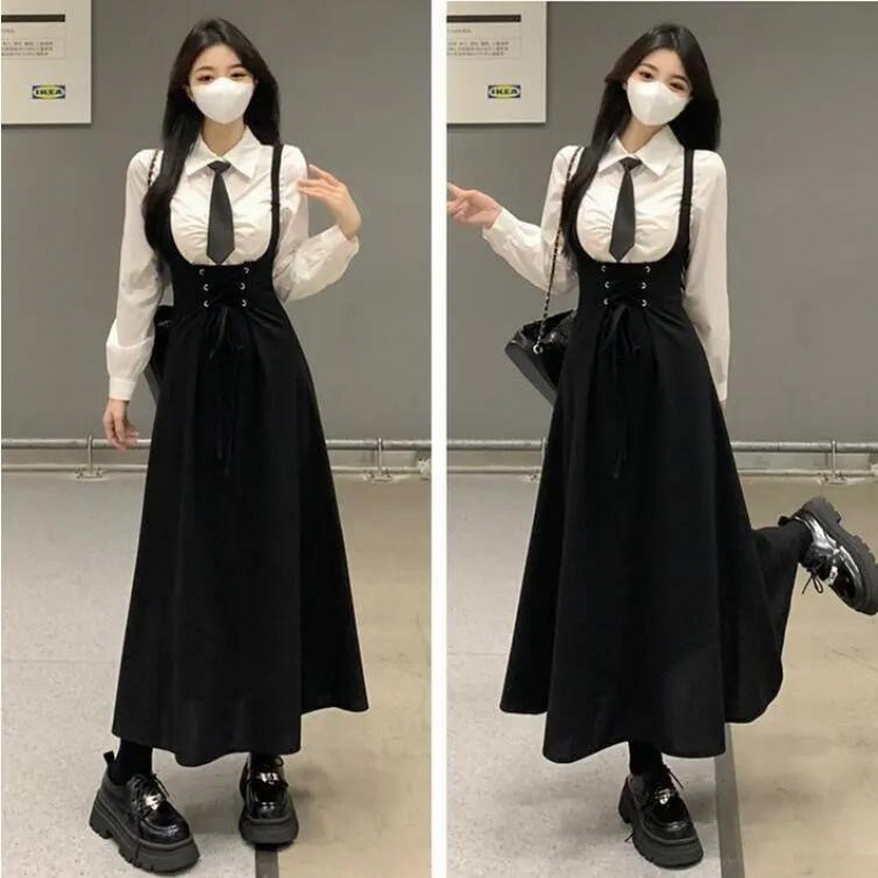 束腰绑带收腰显瘦背带裙套装大码女装高级感衬衫胖mm背带裙两件套|undefined