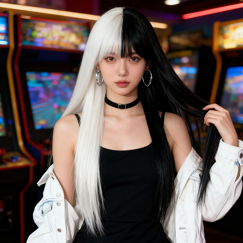 In-Stock Black and White Yin-Yang Color Double-Layer Long Straight Hair with Bangs and Long Sideburns Fashion Cosplay Wig for Women Full Headpiece In-Stock Black and White Yin-Yang Color Double-Layer Long Straight Hair with Bangs and Long Sideburns Fashion Cosplay Wig for Women Full Headpiece