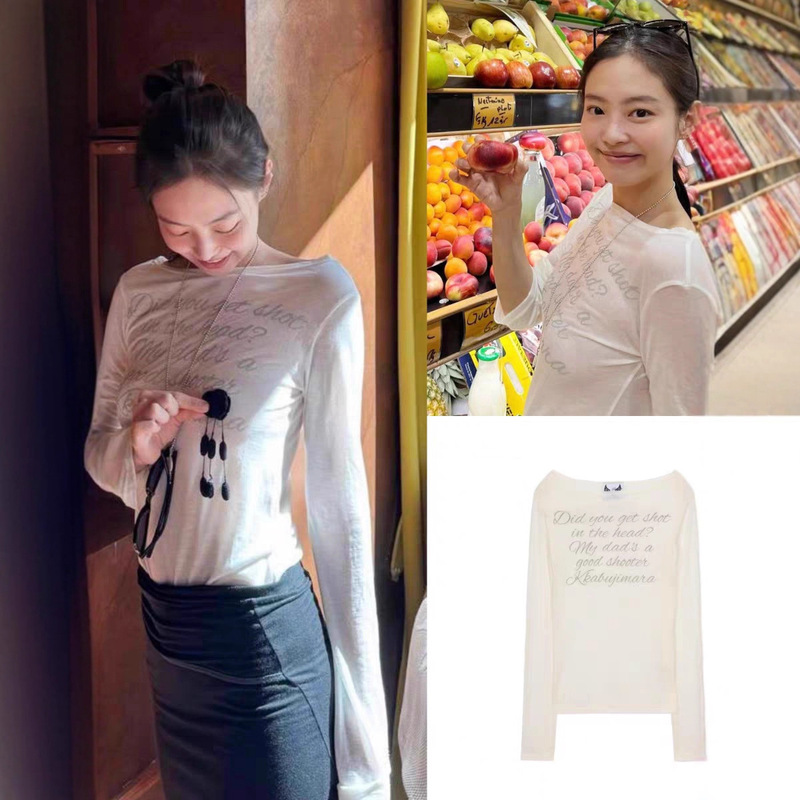Now the New H2025 Autumn Collection from Dongdaemun, South Korea [Jennie Style] Letter Print Long-Sleeve T-Shirt Top