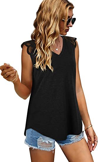 Abbigliamento da donna 2024 T-shirt canotta allentata in pizzo patchwork da donna estivo 2024 con maniche volanti_voghion.com