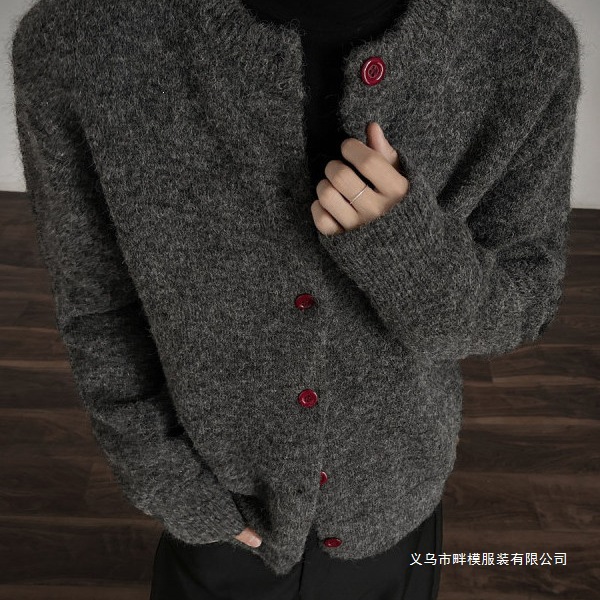Clean and well-fitting dark gray Chanel-style cardigan sweater for men, a cool and stylish look, a relaxed knitted short jacket, and more.