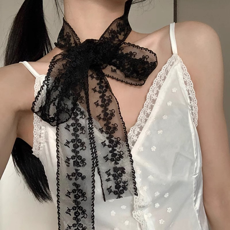 Chica Showa ~ Tela larga de encaje suave francés con tirantes para el cabello, diadema, temperamento de súper hada, bufanda de seda retro, estilo de verano