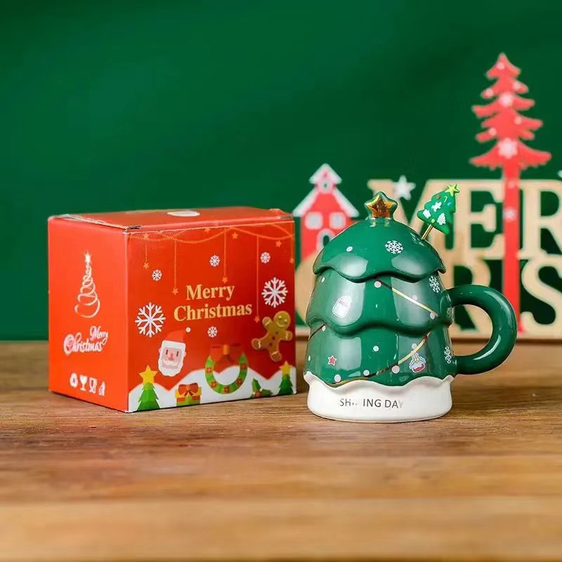 Taza navideña creativa, taza de cerámica con tapa y cuchara, taza para beber, taza de alta gama, taza de gran capacidad con diseño de árbol de Navidad