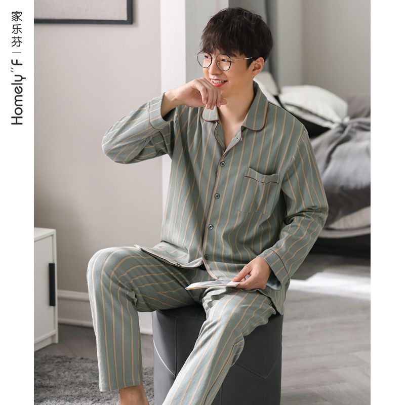 Pijamas de algodón para hombres primavera y otoño ropa de hogar de manga larga para hombres set de cuatro estaciones