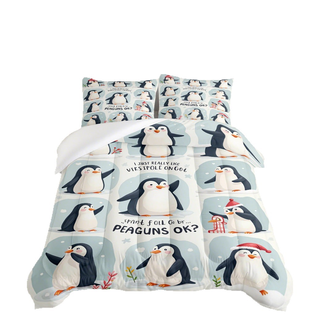 TEMU / JIT lindo pingüino impresión digital 3D 180gms suave y cómodo colcha colchón conjunto de almohada