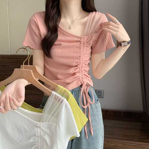 Chiffon Blouse Summer Korean Style Square Collar Bubbling Sleeve Chiffon Short Sleeve Top