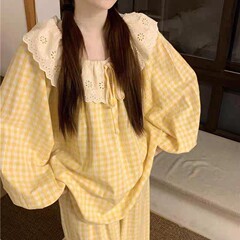 跨境外贸爆款韩版甜美大翻领蕾丝花边云朵棉睡衣女春秋家居服套装