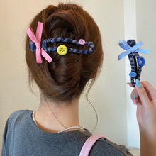 新款撞色蝴蝶结一字夹发卡高级感纽扣鸭嘴夹卡通甜美可爱发夹批发