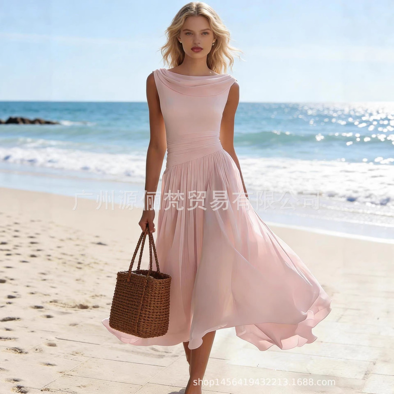 2026 European and American Cross-Border Amazon Independent Site Holiday Elegant Party Resort Style Flowing Chiffon Dress New Model