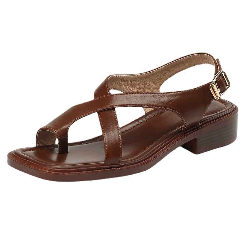 Sandal nữ quai chữ V đế bệt phong cách La Mã cổ điển — Màu nâu