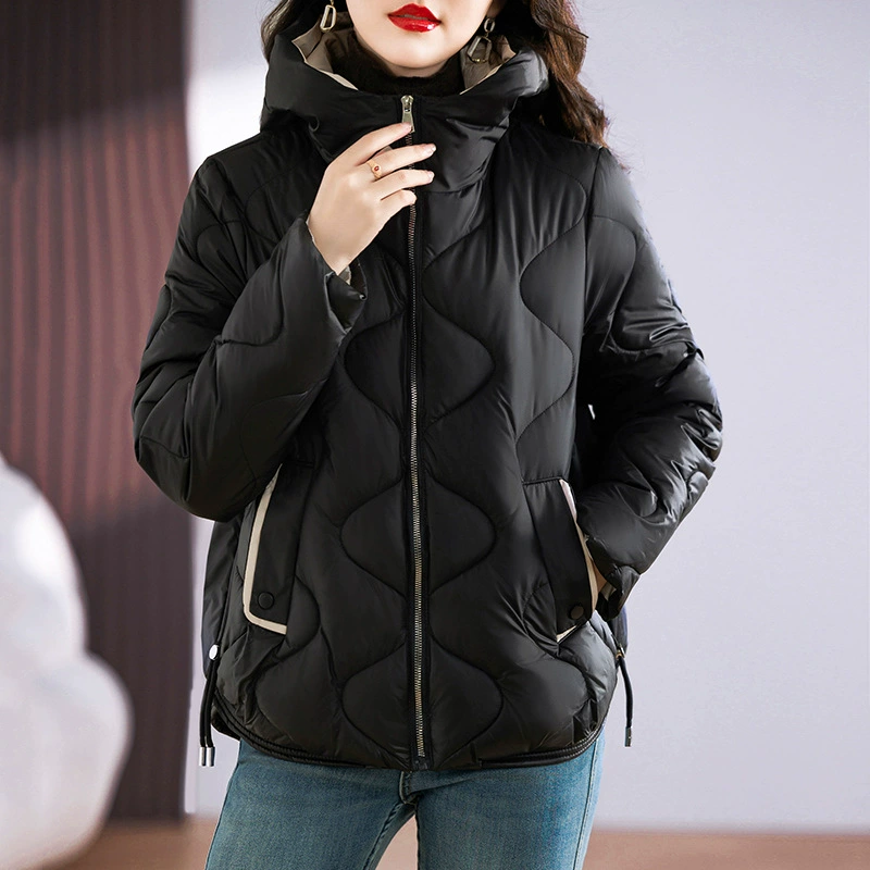 Short glossy fashionable light and thin down jacket with hood, 2024 years, western style, fitted
