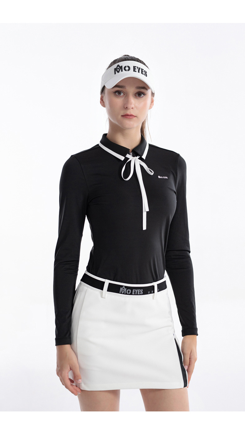 Áo golf nữ dài tay thắt nơ MO EYES vải co giãn thể thao thu đông — M23YF023-Trắng [phối với khăn lụa], M23YF023-Đen [với khăn lụa], M23YF019-Áo màu đen, M23YF019-Áo màu trắng chi tiết 10
