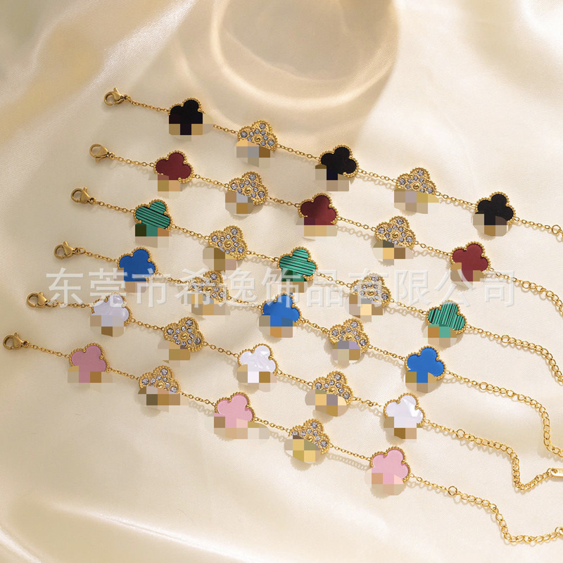 Hot-Selling Four-Leaf Clover Diamond Bracelet for Women Double-Sided Mother-Of-Pearl 18K Non-Fading Titanium Steel Bracelet Wholesale