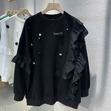 大码胖mm荷叶边拼接薄卫衣女2025秋新款潮妈珍珠花朵小众宽松上衣