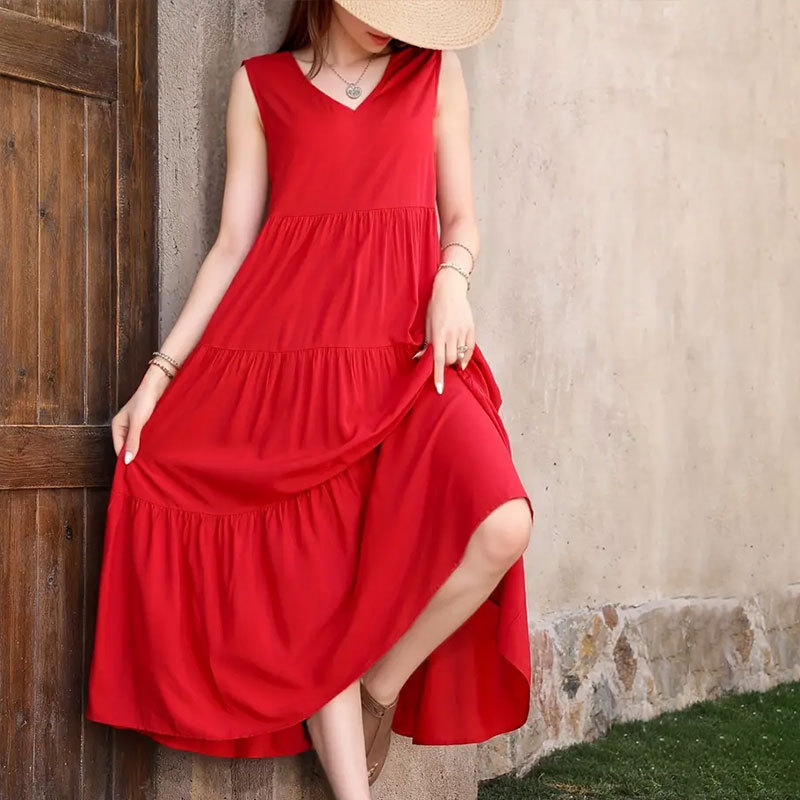 Women's Dress 2024 New Elegant Holiday Solid Color V-neck Layered Stitching Hem Loose dress Cake Dress