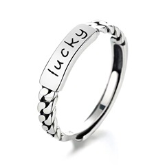 Retro Lucky Charm Ring for Women, Niche Design with English Lettering, Finger-Sized Chain Ring, Distressed Finish, Imitation Thai Silver Open-Style Band