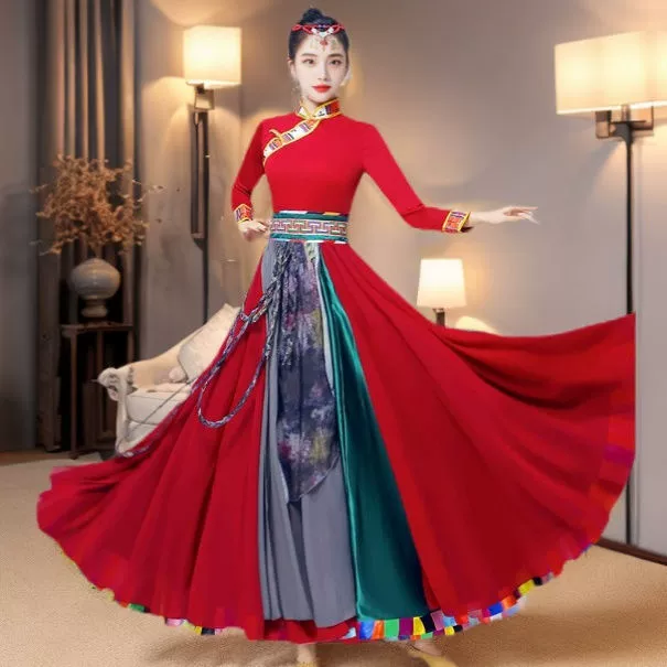 Новый тибетский танцевальный костюм для женщин, большая распашная юбка, костюм для квадратного танца, тренировочная юбка, длинная юбка, тибетская тренировочная юбка для художественного экзамена.