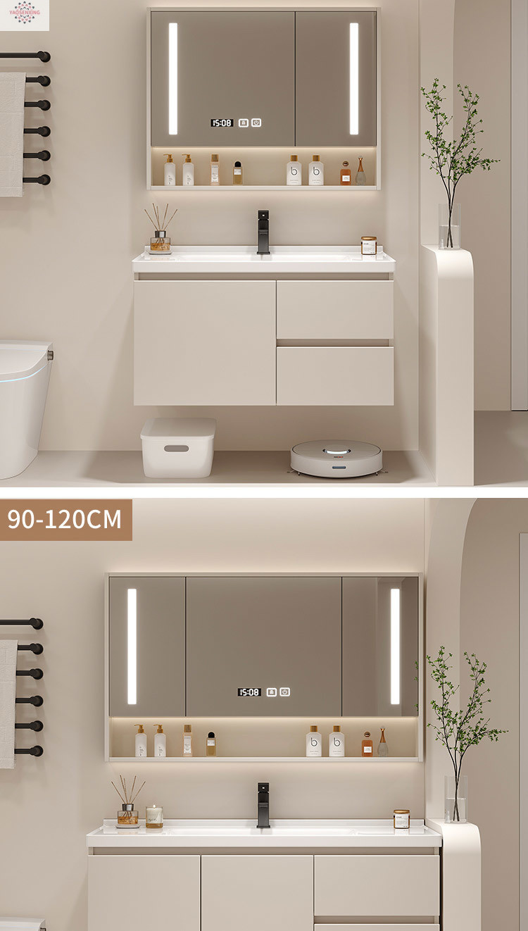 Simple bathroom solid wood floor-standing washbasin cabinet combination washbasin, cream-colored bathroom cabinet, ceramic integrated basin undefined