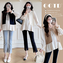 2025孕妇装春装宽松上衣拼接设计感假两件衬衫百搭娃娃上衣