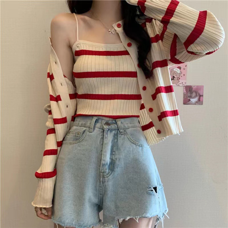 81g Weight Long Sleeve Sleeve Length Single Breasted Placket Type Ice Silk, Polyester Fabric Type Short Top Length Knitwear Tops Type Daily Occasion Round Neck Neckline Slim Fit Type Stripe Pattern Spring, Autumn Season Women's Gender Casual Style Wholesale Women's Ice Silk Polyester Casual Stripe Long Sleeve Sweaters & Cardigans 5