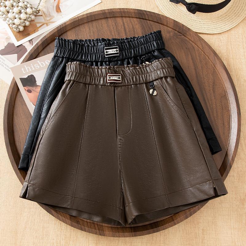 Popular Women's Fashion Coffee-Colored Leather Shorts 2025 New Autumn Casual Slimming Loose A-Line Wide-Leg Shorts for Outerwear Hot Pants