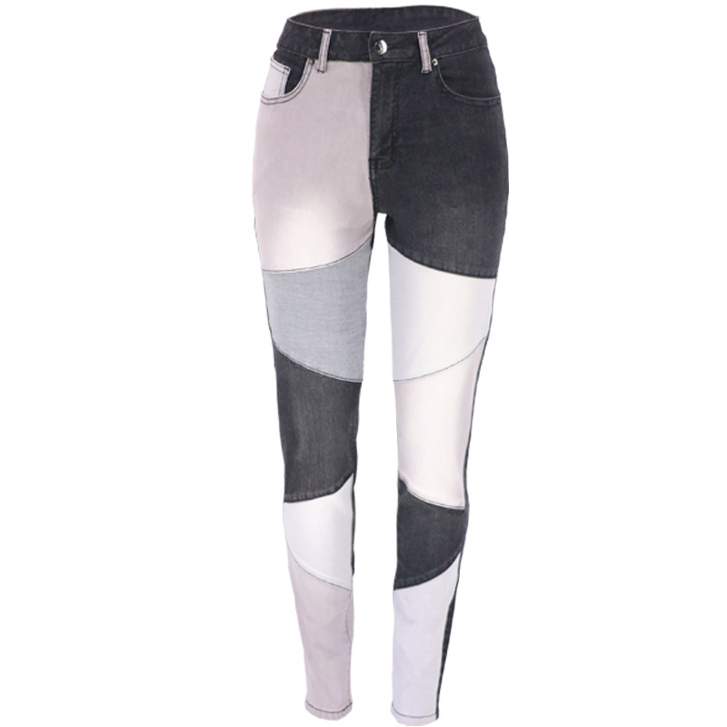 Otoño 2025 en stock, ropa de mujer de talla grande, vaqueros de mezclilla lavados de algodón a la moda con parches azules y negros, estilo transfronterizo.