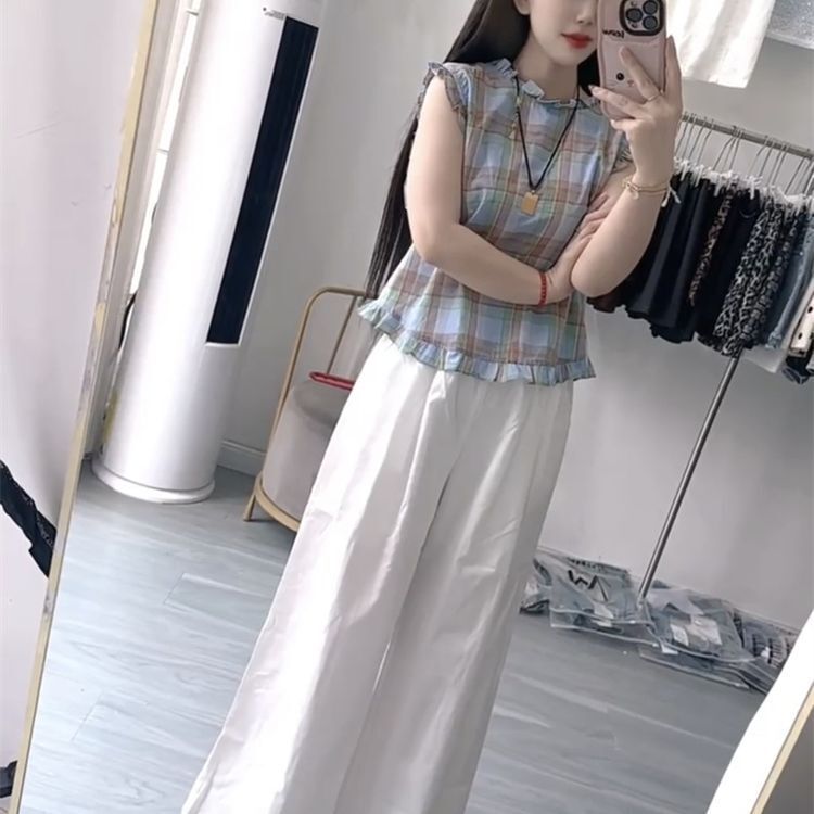 欧洲站时尚减龄套装女2025夏季新款撞色格子木耳边无袖小衫阔腿裤|undefined