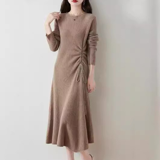 Autumn and Winter New Elegant Crewneck Mid-length dress Women's Tight Waist Slimming Fashionable Drawstring Pleated Coat Long Skirt Autumn and Winter New Elegant Crewneck Mid-length dress Women's Tight Waist Slimming Fashionable Drawstring Pleated Coat Long Skirt