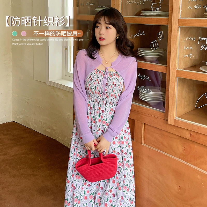 Новый Женский вязаный кардиган больших размеров 200 кг с длинным рукавом для девочек, короткий вязаный кардиган на шнуровке, Цветочная юбка 310605T21