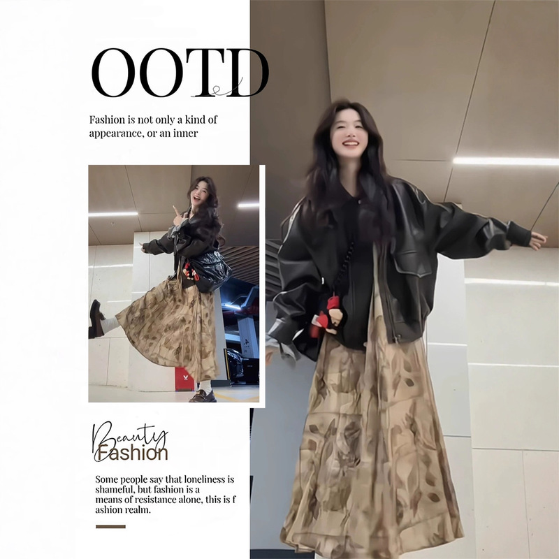 Early Autumn Korean Style Outfit Set, Retro Black Pu Leather Jacket, High-End Floral Dress Two-Piece Set