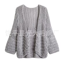 棒针手织2024秋冬新款粗针镂空毛衣开衫外套外搭针织衫女手工制造