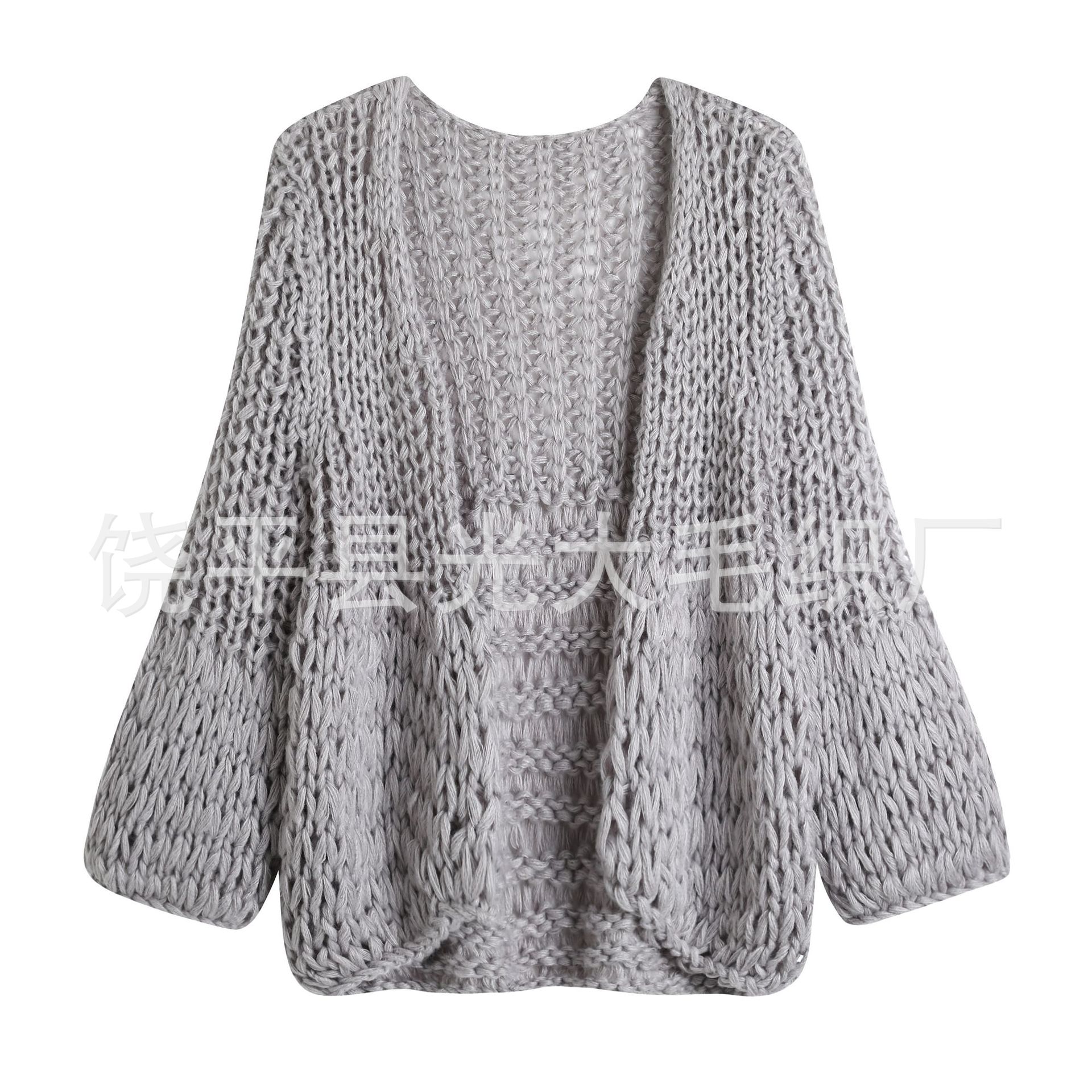 棒针手织2024秋冬新款粗针镂空毛衣开衫外套外搭针织衫女手工制造