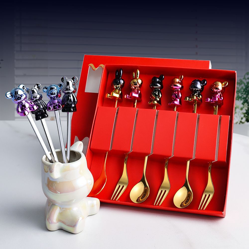 A trendy toy bear set with colorful spoon and fork, New Year gift, popular tableware, stainless steel dessert and coffee spoon