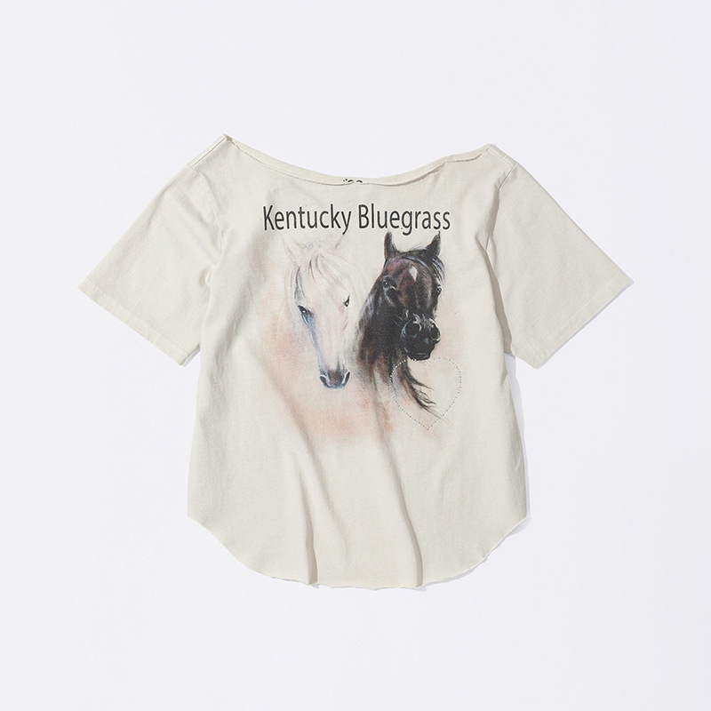 スポットジンヒョナ同風オフショルダー馬プリントTシャツ2025夏レディースルーズ半袖トップススカルプト*r