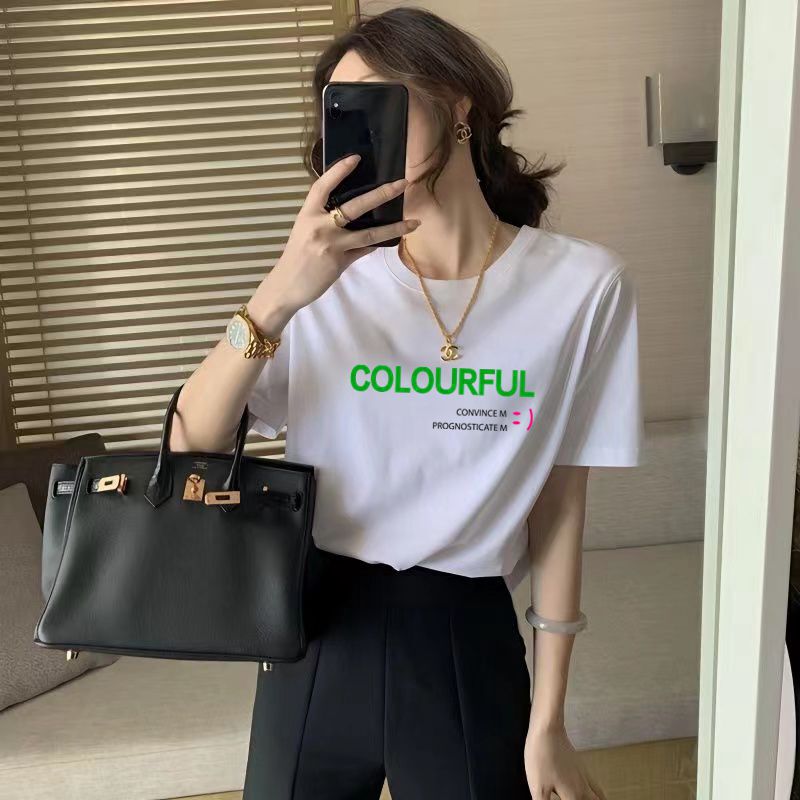 Loose cotton short sleeve T-shirt women's 2024 summer new Korean women's round neck printed base shirt stall wholesale