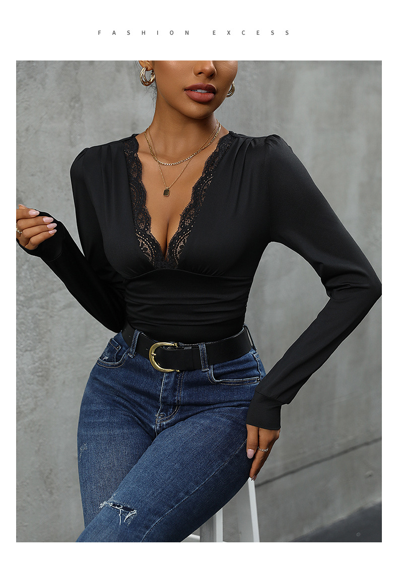 Body-uri elegante cu mânecă lungă, croială slim, cu cusături din dantelă, culoare uni_voghion.com