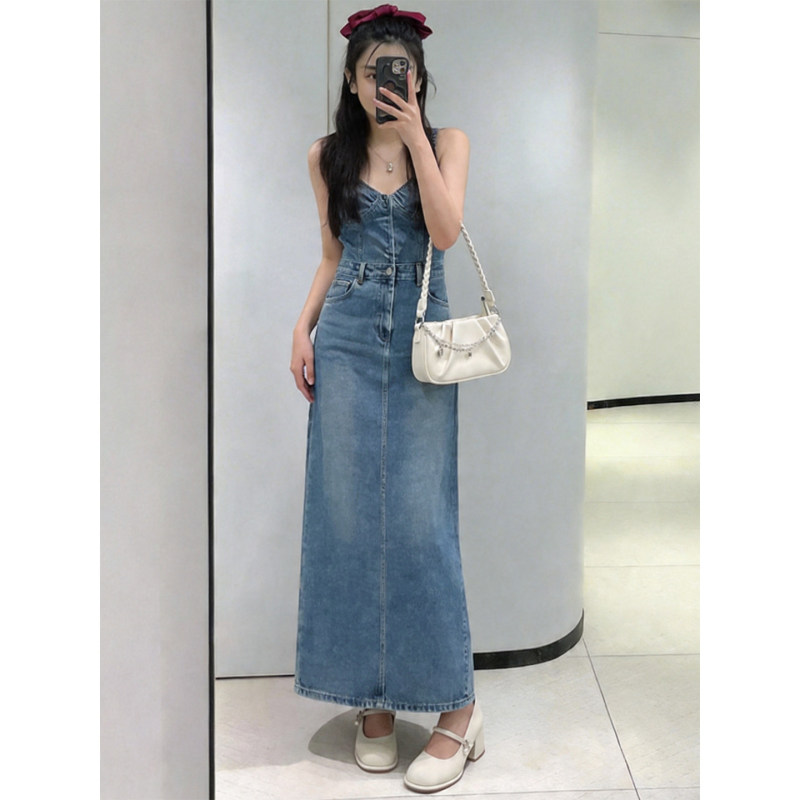 French-Style Elegant and Age-Reducing High-End Denim Dress That Slims the Figure and Covers the Hips, Fashionable Summer Mid-Length Dress for Lunch Breaks