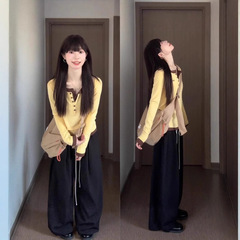 韩系休闲设计感黄色假两件长袖T恤女秋季气质修身显瘦打底衫上衣