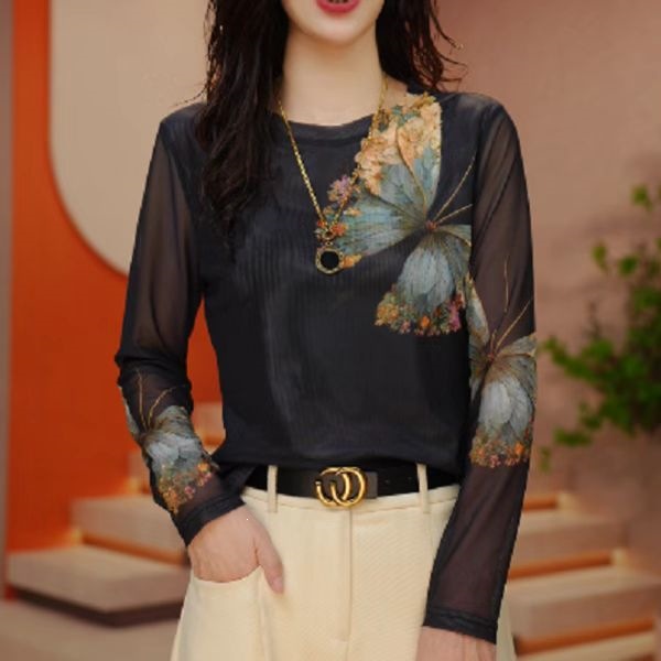 [Recommended] Autumn New Style Mesh Print Base Layer Top for Women - Fashionable, Versatile, Stylish, Slimming, Youthful, and Elegantly Luxurious