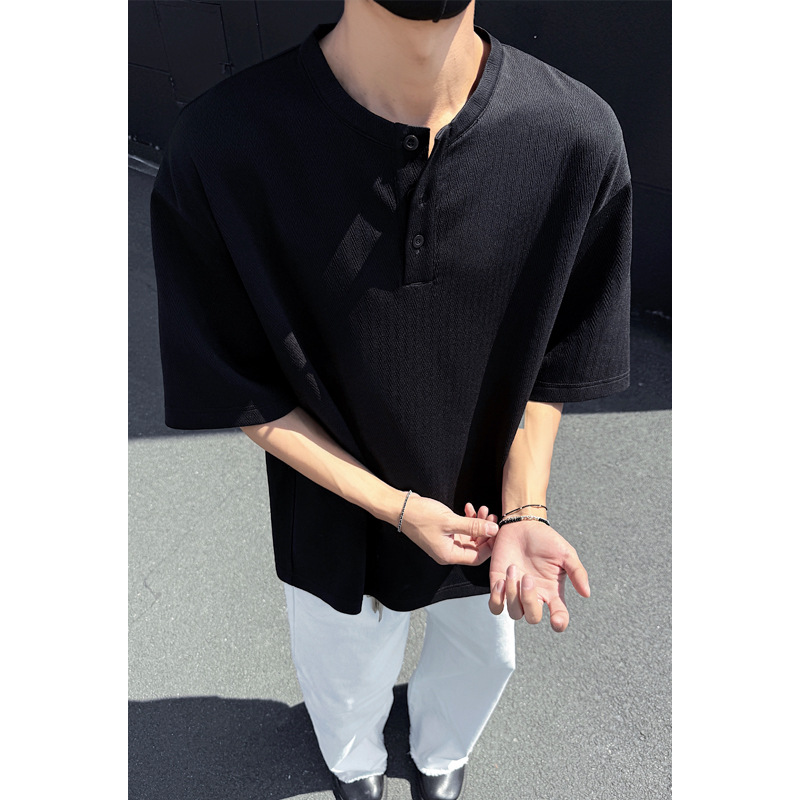 T-shirt da uomo a maniche corte con colletto Henry in maglia waffle, stile retrò americano, traspirante e fresca per l'estate, con spalle scese e vestibilità ampia._voghion.com